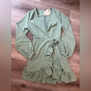 Altar’d State Sage Faux Wrap Dress Long Sleeve Mini Size Small